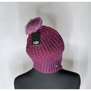 UGG Knit Aster Block  Beanie NWT Purple Pom